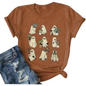 Women's Brown Cotton Blend Halloween Ghost Retro Spooky Short Sleeve T Shirt